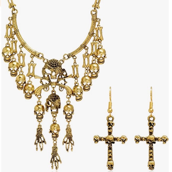 YANCHUN Accessories - Gold Skull Necklace  Earrings